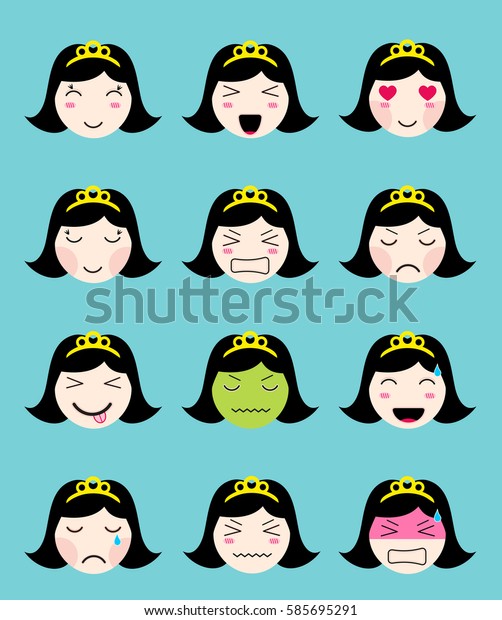 Cute Emoji Collection Kawaii Asian Girl Stock Vector Royalty Free 585695291