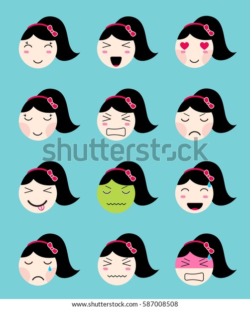 Cute Emoji Collection Kawaii Asian Girl Stock Vector Royalty Free