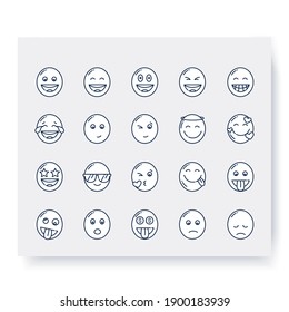Cute emoji collection line icons set. Grinning, beaming, starry eyed face and more. Outline drawn cartoons. Facial expression emoticons. Isolated vector illustrations. Editable stroke 