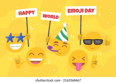 Cute emoji with different facial expressions on yellow background. Happy world emoji day, 17 July. Celebration concept with funny emoticons holding banners. Vector hand drawn flat illustration