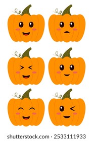 Cute emoji face character baby pumpkins set. Cartoon Halloween and Harvesting, Thanksgiving illustration