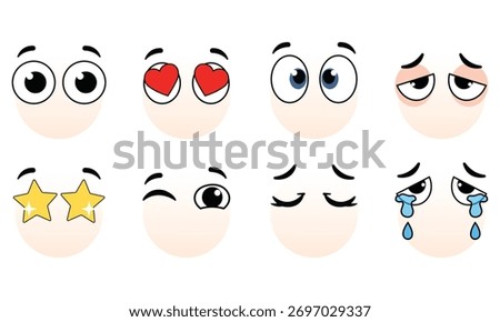 Cute Emoji Face Expressions Set with Different Eyes and Emotions on White Background