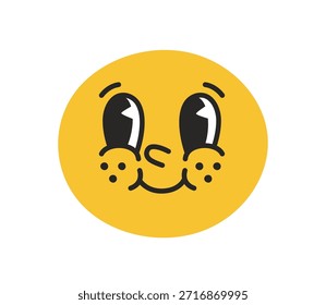 Cara linda del emoji con la expresión feliz. Carácter soleado amarillo redondo con los ojos sonrientes que miran a un lado, pecas, cabeza cómica divertida, sentimiento alegre. Ilustración vectorial plana aislada sobre fondo blanco