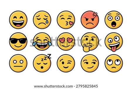 Cute emoji face icon set. Flat vector illustration of yellow cartoon emoticons with various expressions like happy, sad, angry, love, thinking, and funny isolated on a white background.