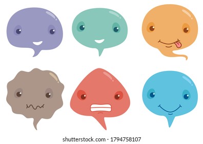 Cute emoji face speech bubbles set.Vector illustration of cute speech bubble character emoticons.