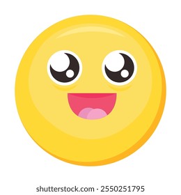 Cute emoji facial expression. Colorful vector excited smile emoticon icon. Laughing smiley. Funny sticker, social media happy mood character, emotion and feeling chat element