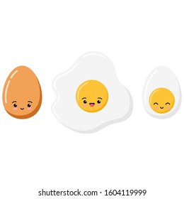 Cute emoji fried, boiled and half eggs icon set isolated on white background. Flat cartoon kawaii style vector food character illustration. Eggs with lovely emoticon faces.