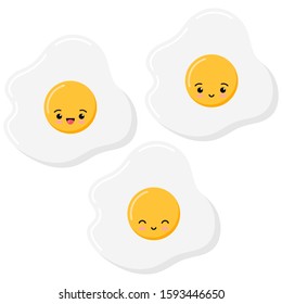 Cute emoji fried eggs icon set, top view, isolated on white background. Flat cartoon kawaii style vector food character illustration. Omelet with lovely emoticon face on yellow yolk symbol design.
