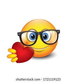 Cute emoji giving love - heart - isolated emoticon wearing eyeglasses - vector illustration