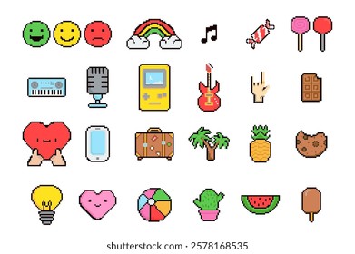 Cute emoji, kawaii emoticons pixel art style, Y2K trendy message stickers, mood icons. Travel, food snack, facial expression, weather, digital devices, heart, toys, music funny communication elements