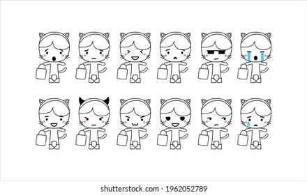 Cute emoji. little girl emoji in cat shape costume with white background. simple vector design