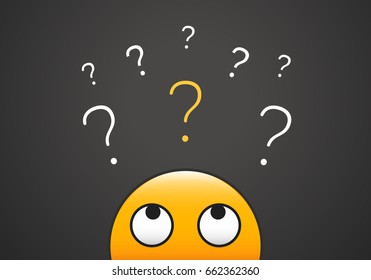 Cute emoji looking up to stack of question marks. Vector illustration for learning, curiosity, doubt, questioning concepts