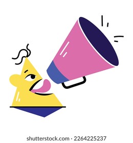 Cute emoji making an announcement, flat sticker 