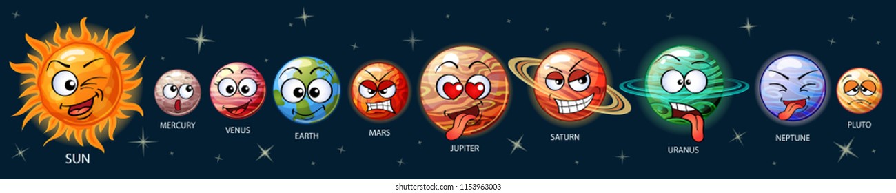 Cute emoji planets of the solar system. Sun, Mercury, Venus, Earth, Mars, Jupiter, Saturn, Uranus, Neptune, Pluto