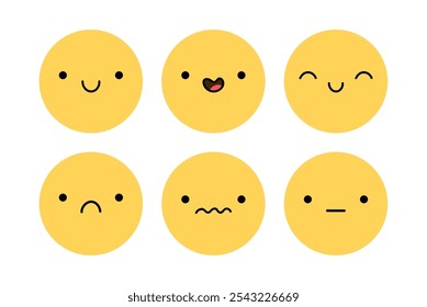 Um emoji bonito com diferentes expressões faciais. Personagens amarelos com humor feliz, alegre, triste, desapontado e surpreso. Ilustração plana vetorial.  Perfeito para mídias sociais, adesivos.