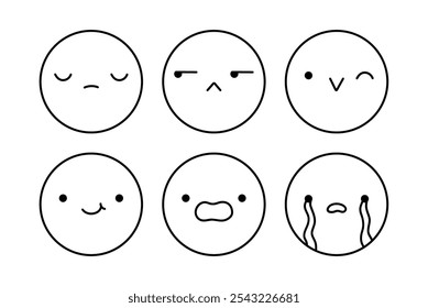 Um emoji bonito com diferentes expressões faciais. Desenhar personagens com alegre, alegre, triste, desapontado, surpreso, chorando humor. Ilustração à mão desenhada por vetor. Perfeito para mídias sociais, adesivos.