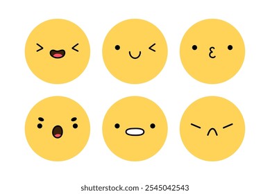 Um emoji bonito com diferentes expressões faciais. Personagens amarelos com humor feliz, alegre, triste, desapontado, surpreso e irritado. Ilustração plana vetorial.  Perfeito para mídias sociais, adesivos.