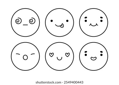 Um emoji bonito com diferentes expressões faciais. Desenhar personagens com humor feliz, alegre, desapontado, surpreso, brincalhão. Ilustração à mão desenhada por vetor. Perfeito para mídias sociais, adesivos.