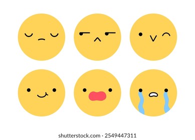 Um emoji bonito com diferentes expressões faciais. Personagens amarelos com humor feliz, alegre, triste, desapontado, surpreso, chorando. Ilustração plana vetorial.  Perfeito para mídias sociais, adesivos.