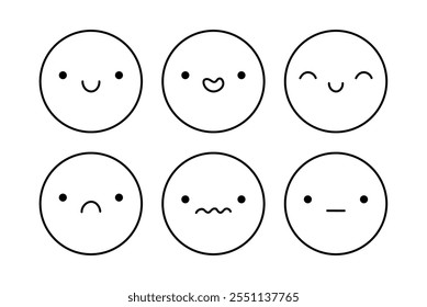 Um emoji bonito com diferentes expressões faciais. Desenhar personagens com humor feliz, alegre, triste, desapontado, surpreso. Ilustração à mão desenhada por vetor. Perfeito para mídias sociais, adesivos.