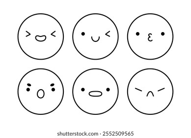 Um emoji bonito com diferentes expressões faciais. Desenhar personagens com alegre, alegre, triste, desapontado, surpreso, irritado humor. Ilustração à mão desenhada por vetor. Perfeito para mídias sociais, adesivos.