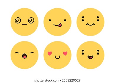 Um emoji bonito com diferentes expressões faciais. Personagens amarelos com humor feliz, alegre, desapontado, surpreso e brincalhão. Ilustração plana vetorial.  Perfeito para mídias sociais, adesivos.