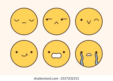 A cute emoji set with different facial expressions. Yellow characters with happy, joyful, sad, disappointed, surprised, crying mood. Vector doodle illustration.  Perfect for social media, stickers.