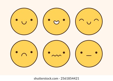 A cute emoji set with different facial expressions. Yellow characters with happy, joyful, sad, disappointed, surprised mood. Vector doodle illustration.  Perfect for social media, stickers.