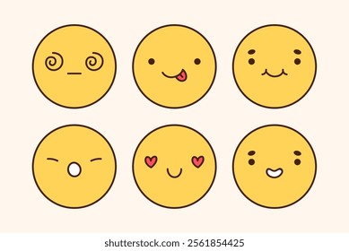 A cute emoji set with different facial expressions. Yellow characters with happy, joyful, disappointed, surprised, playful mood. Vector doodle illustration.  Perfect for social media, stickers.