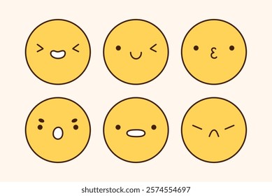 A cute emoji set with different facial expressions. Yellow characters with happy, joyful, sad, disappointed, surprised, angry mood. Vector doodle illustration.  Perfect for social media, stickers.