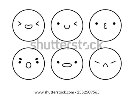 A cute emoji set with different facial expressions. Doodle characters with happy, joyful, sad, disappointed, surprised, angry mood. Vector hand-drawn illustration. Perfect for social media, stickers.