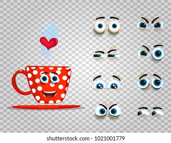 Cute emoji set of red cup with changeable eyes collection.  Doodle steaming coffee mug with cartoon face and heart for creation character with different emotions. Vector love clip art for valentines.