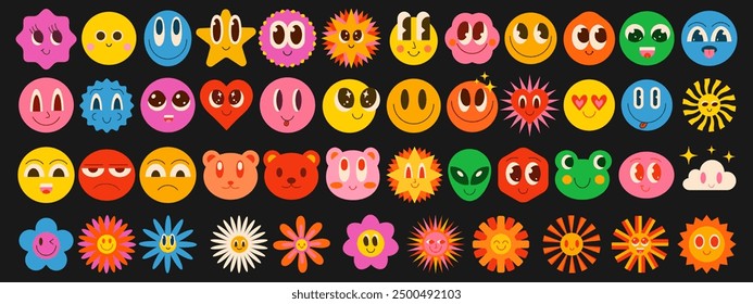 Conjunto de señales de emoji lindo. Emoticonos de sonrisa feliz y geniales. Colección de Personajes Divertidos. Pegatinas de arte Pop. Caricaturas.