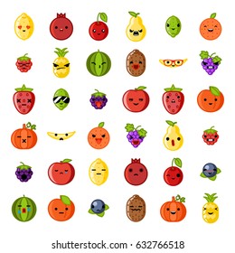 Cute Emoji Smile Fresh Fruit Apple Cherry Watermelon Kiwi Strawberry Lemon Peach Pear Banana Healthy Food Natural Vitamins Cartoon Children Characters Flat Design Icons Vector Illustration