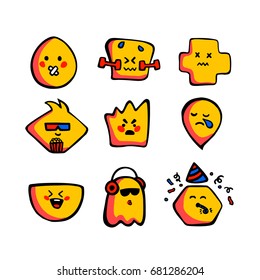 Cute emoji stickers, patches collection. Vector set  illustration. Kawaii style hand drawn sketch. Set of emoticons. Smile icons