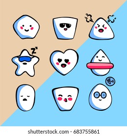 Cute emoji stickers, patches collection. Vector set  illustration. Kawaii style hand drawn sketch. Set of emoticons. Smile 