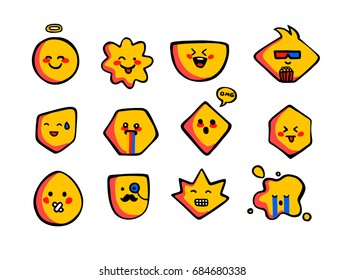 Cute emoji stickers, patches collection. Vector set  illustration. Kawaii style hand drawn sketch. Set of emoticons. Smile 