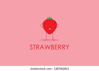 Cute emoji, strawberry fruit character logo and icon with flat style design vector illustration