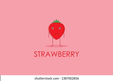 Cute emoji, strawberry fruit character logo and icon with flat style design vector illustration