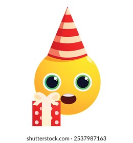 Lindo emoji está usando un sombrero de cumpleaños a rayas rojas y blancas y sosteniendo una caja de regalo roja con una cinta blanca