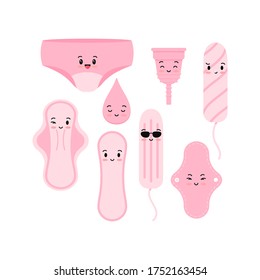 Cute emoji women sanitary napkin hygienic tampon reusable pad menstrual cup underpants and drop icon vector set. Flat design cartoon kawaii style illustration of feminine intimate hygiene products.