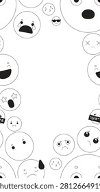 Cute emojis black and white vertical border copyspace. Various emoticons. Seamless repeat pattern frame. Flat line graphic composition with copy space. Outline vector background. Social media template