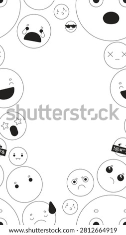 Cute emojis black and white vertical border copyspace. Various emoticons. Seamless repeat pattern frame. Flat line graphic composition with copy space. Outline vector background. Social media template