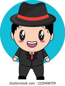 Niño de Emote lindo con traje negro con gorra negra corbata roja corbata roja