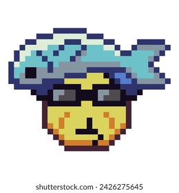 Cute emoticon with black sunglasses and fish on his head, pixel art icon, yellow face, smile cartoon character. 8-bit flat style. Isolated abstract colorful vector illustration.