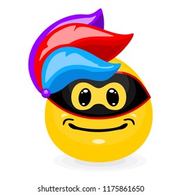 Cute emoticon in carnival mask. Smile in cartoon style isolated on white background