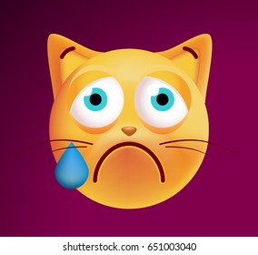 Cute Emoticon Cat Crying on Dark Background. Isolated Vector Illustration 