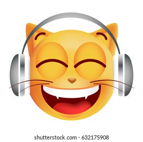 Cute Emoticon Cat Listening Music on White Background. Isolated Vector Illustration 