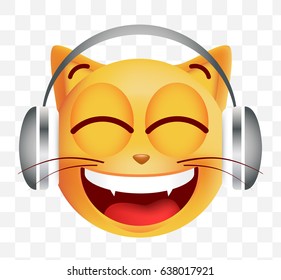 Cute Emoticon Cat Listening Music on Transparent  Background. Isolated Vector Illustration 