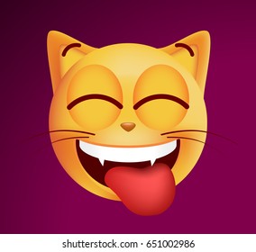 Cute Emoticon Cat with Stuck Out Tongue on Dark Background. Isolated Vector Illustration 